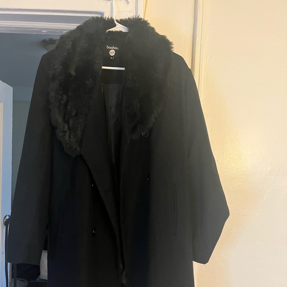 Black fur neck trench coat